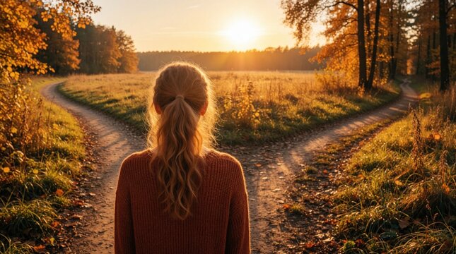 Young woman stands at forest path fork during autumn sunset. Back view of female looking at two diverging dirt roads. Girl contemplates life choices, future direction in nature. Person faces decision