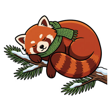 Cute red panda sleeping peacefully on snowy pine branch wearing green knitted scarf vector illustration isolated on transparent background