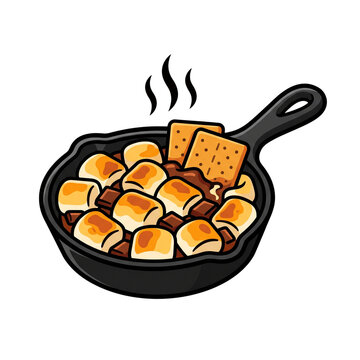 Cast iron skillet holiday smores dip with toasted marshmallows chocolate and graham crackers vector illustration isolated on transparent background