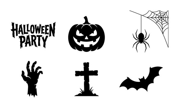 Halloween party set with text, pumpkin, spider, zombie hand, tombstone and bat for signage