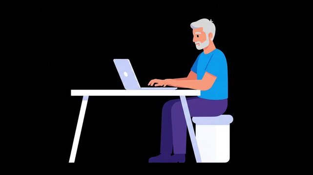 Animated elderly man with white beard typing on modern laptop video footage clip