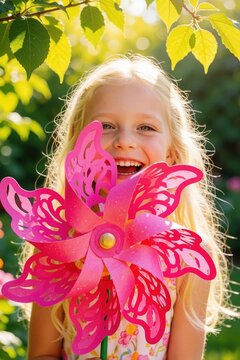 Happy blonde girl hides behind bright pink pinwheel in sunny garden. Laughing preteen child plays with colorful toy during summer day. Joyful little girl smiles at camera outdoors in nature with