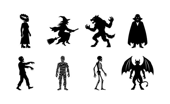 Halloween monster silhouettes set with Frankenstein, witch, werewolf, vampire, zombie, mummy, skeleton and demon for spooky design