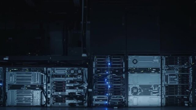 Cinematic tracking shot moving through a futuristic data center aisle with blue server lights