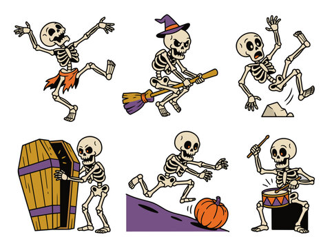 Funny cartoon skeleton character activities and poses set