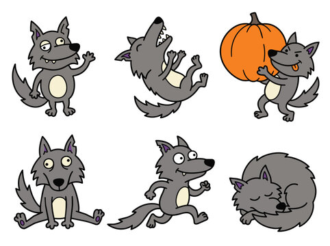 Funny gray wolf mascot with pumpkin halloween clip art pack