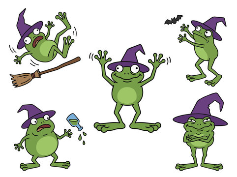Funny green frog wearing witch hat halloween clip art pack