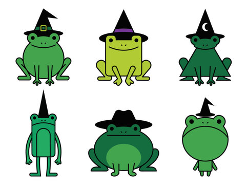 Cute cartoon green frog character wearing halloween hats set