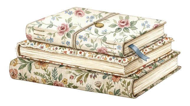 A stack of three vintage floral journals isolated on transparent background