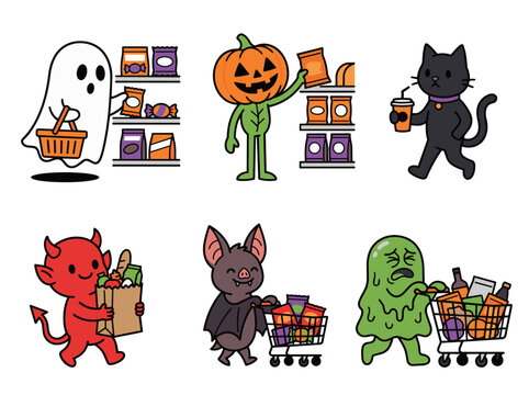 Funny cartoon halloween monsters grocery shopping stickers set