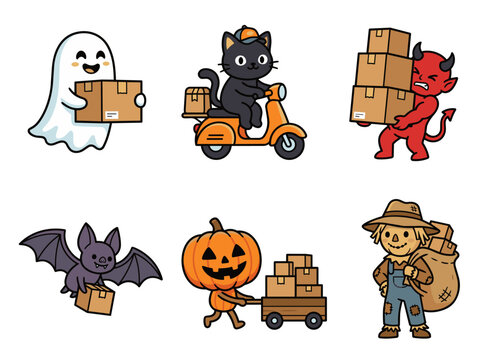 Cute cartoon halloween monsters delivery service stickers set