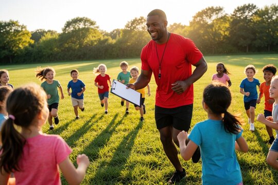 Smiling African American male coach leads diverse group of elementary school children in running exercise on green grass field. Young students enjoy outdoor physical activity, sports training with
