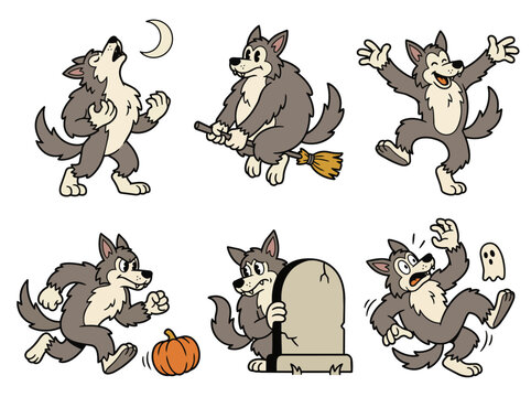 Retro vintage cartoon werewolf character poses clip art set