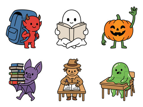 Cute cartoon halloween monsters back to school clip art set
