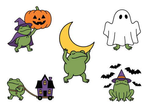 Cute cartoon frog halloween night character poses clip art set