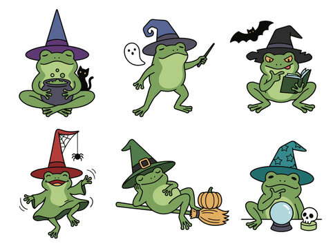 Cute cartoon frog witch casting magic spells clip art set