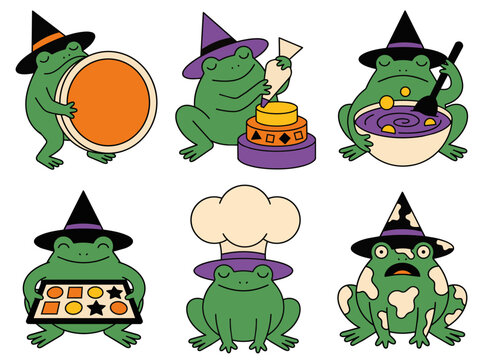 Cute cartoon witch frog baker making halloween treats set