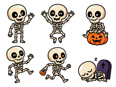 Cute happy cartoon skeleton character halloween poses set