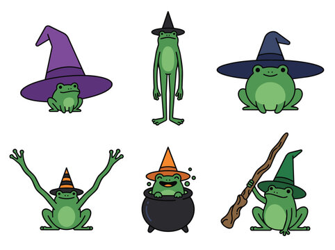 Funny cartoon witch frog character poses and shapes set
