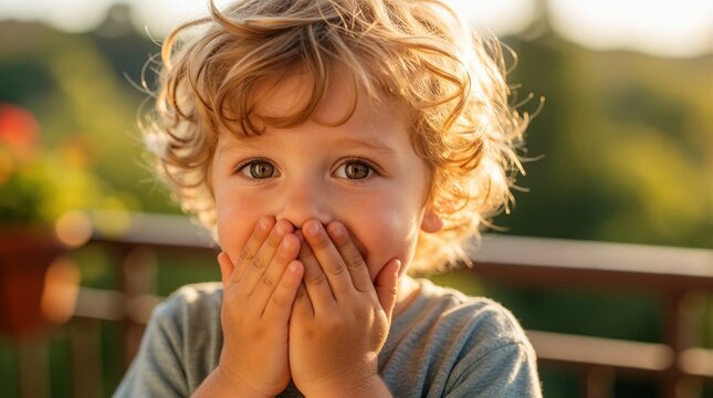 Little blond boy looks shocked with hands covering mouth. Surprised kid shows embarrassed emotion outdoors. Cute male child makes funny face with wide eyes. Small person feels speechless scared after