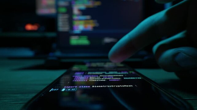 Programmer verifies automated syntax on a smartphone screen during vibe coding workflows. High-contrast ambient display illumination provides authentic modern cybersecurity themes
