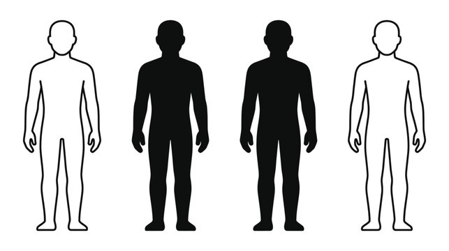 Set of four human body silhouettes in outline and solid black