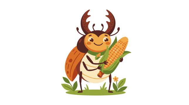 Cute Stag Beetle Holding Corn Cob, Cartoon Style
