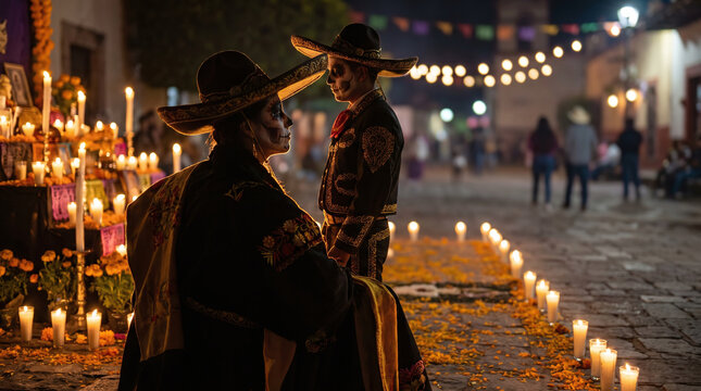 Mexican couple in Catrina makeup and charro hats near illuminated altar at night