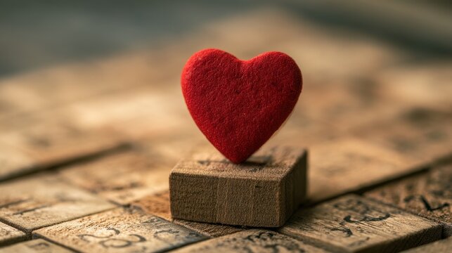 Red heart shaped object standing on wooden cube with vintage wooden background in soft light, symbolizing love and affection concept