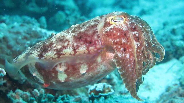 Cuttlefish swimming underwater near the seabed in tropical waters