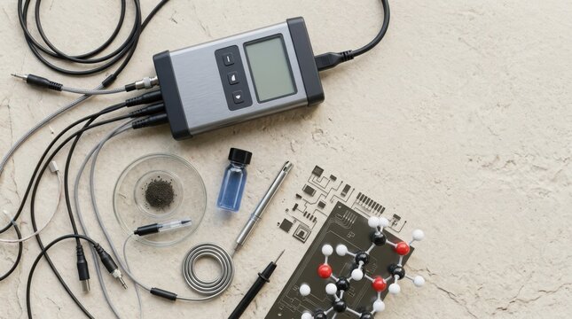 Scientific laboratory equipment for data acquisition and analysis, including electronic devices, molecular models, and testing instruments.