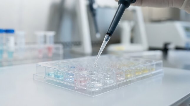 Scientist uses micropipette to dispense liquid into microplate for laboratory experiment and research