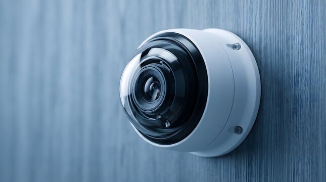 White high-definition dome surveillance camera installed on a contemporary textured wall for business security and public safety monitoring applications.