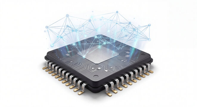 AI Microchip with Glowing Hologram Interface Isolated on White Background, Technology Automation Concept