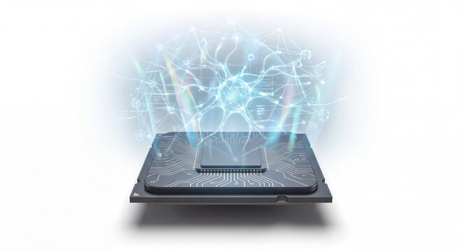AI Microchip with Glowing Hologram Interface Isolated on White Background, Technology Automation Concept