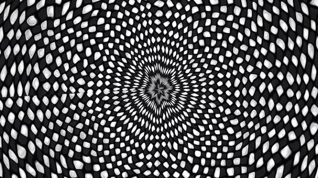 Hypnotic black and white optical illusion with swirling geometric patterns creating a dizzying depth effect