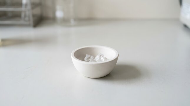 Small White Ceramic Crucible Holding Ice Cubes on a Light Surface