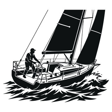 Sailboat sailing on waves with person at helm, isolated