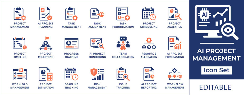 AI Project Management icon set featuring project planning, task management, scheduling, analytics, resource allocation, risk management, issue tracking, forecasting and workflow. Flat vector icons.