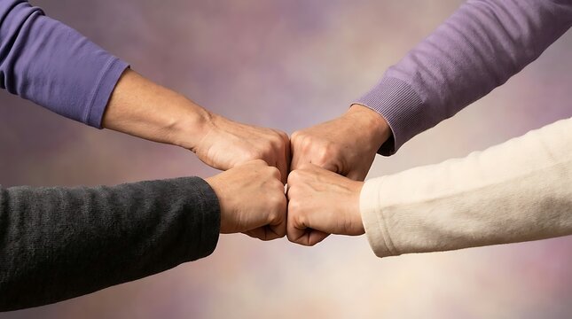 Four diverse hands join in a fist bump, symbolizing unity, teamwork, and friendship among people.