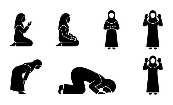 Muslim prayer poses silhouettes set with figures in prayer and prostration