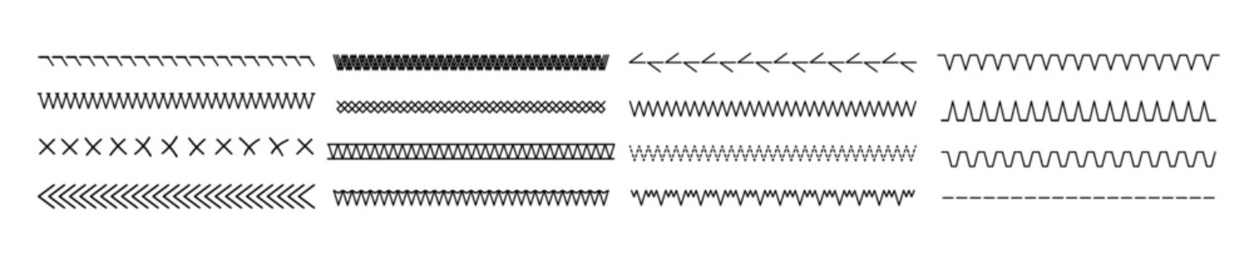 Embroidery vector stitch patterns with geometric lines and borders. Vector textile design elements featuring decorative stitched edges, cross-stitch dividers, and seamless sewing motifs.