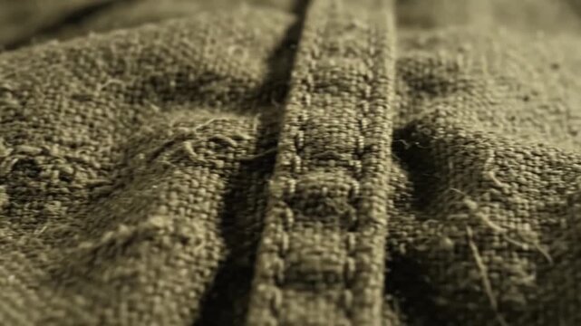 Extreme macro video of rough olive green military canvas fabric texture with visible fibers and seams
