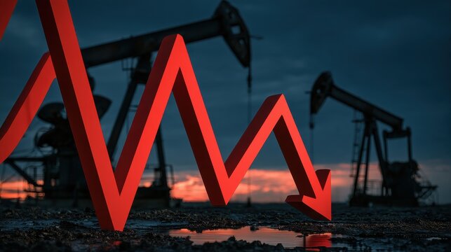 Financial crisis concept, red downward arrow over oil pump jacks, dark sky