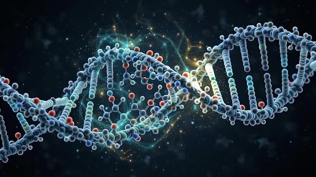 3D Motion Graphic Loop of DNA Double Helix Binding with Glowing Molecular Ligand Compounds