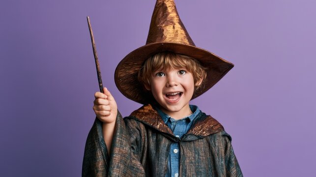 Excited child dressed as wizard with pointed hat and cloak holding magic wand with purple background smiling happily