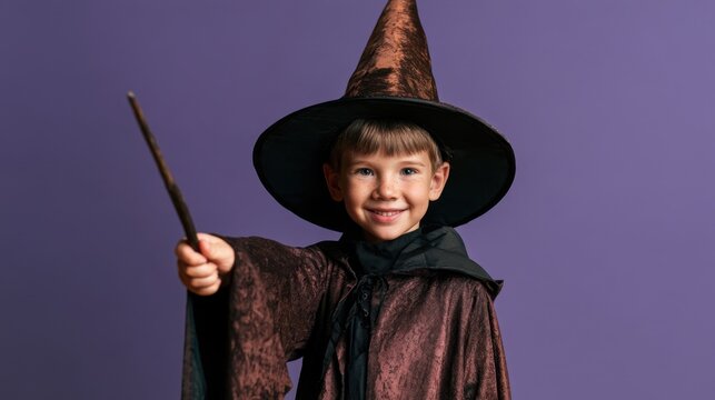 Smiling little boy wearing dark wizard costume with pointed hat holding stick wand on purple background for Halloween or magical fantasy theme
