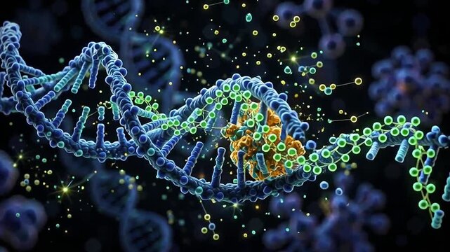3D Motion Graphic Loop of DNA Transcription showing RNA Polymerase Enzyme Synthesizing mRNA Strand