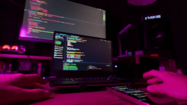 Hands rest near a glowing smartphone and laptop running software scripts under moody pink light. This immersive workstation offers dynamic technological automated workflows.