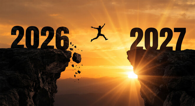 New Year 2027 concept with man jumping from 2026 to 2027 cliff, silhouette of person leaping over mountain gap at sunset, future goal achievement